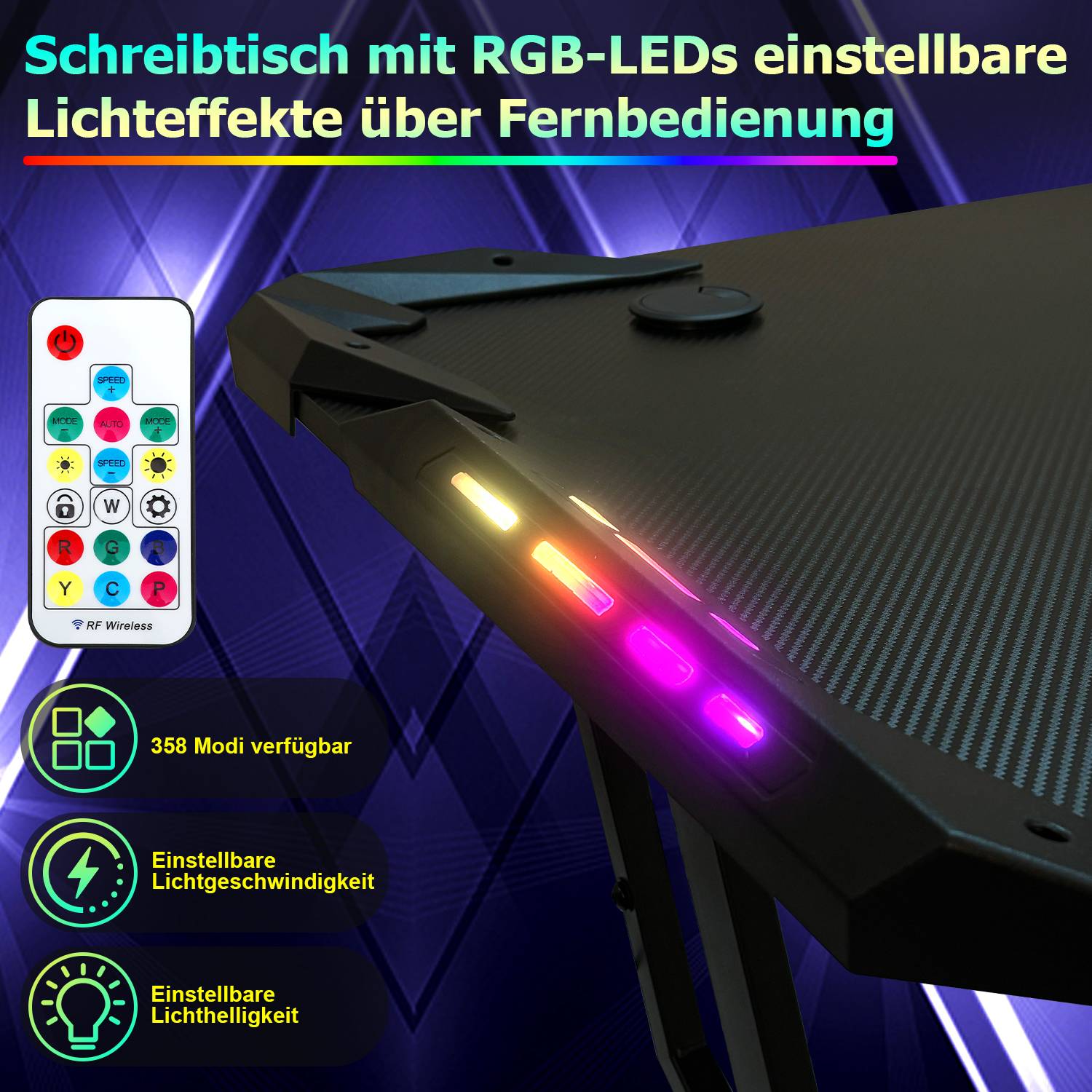 Gaming Schreibtisch Carbon Tischplatte 140x60cm, met Getränkehalter Kopfhörerhalter Mauspad, Computertisch Gamer Tisch (met LED und Fernbedienun)