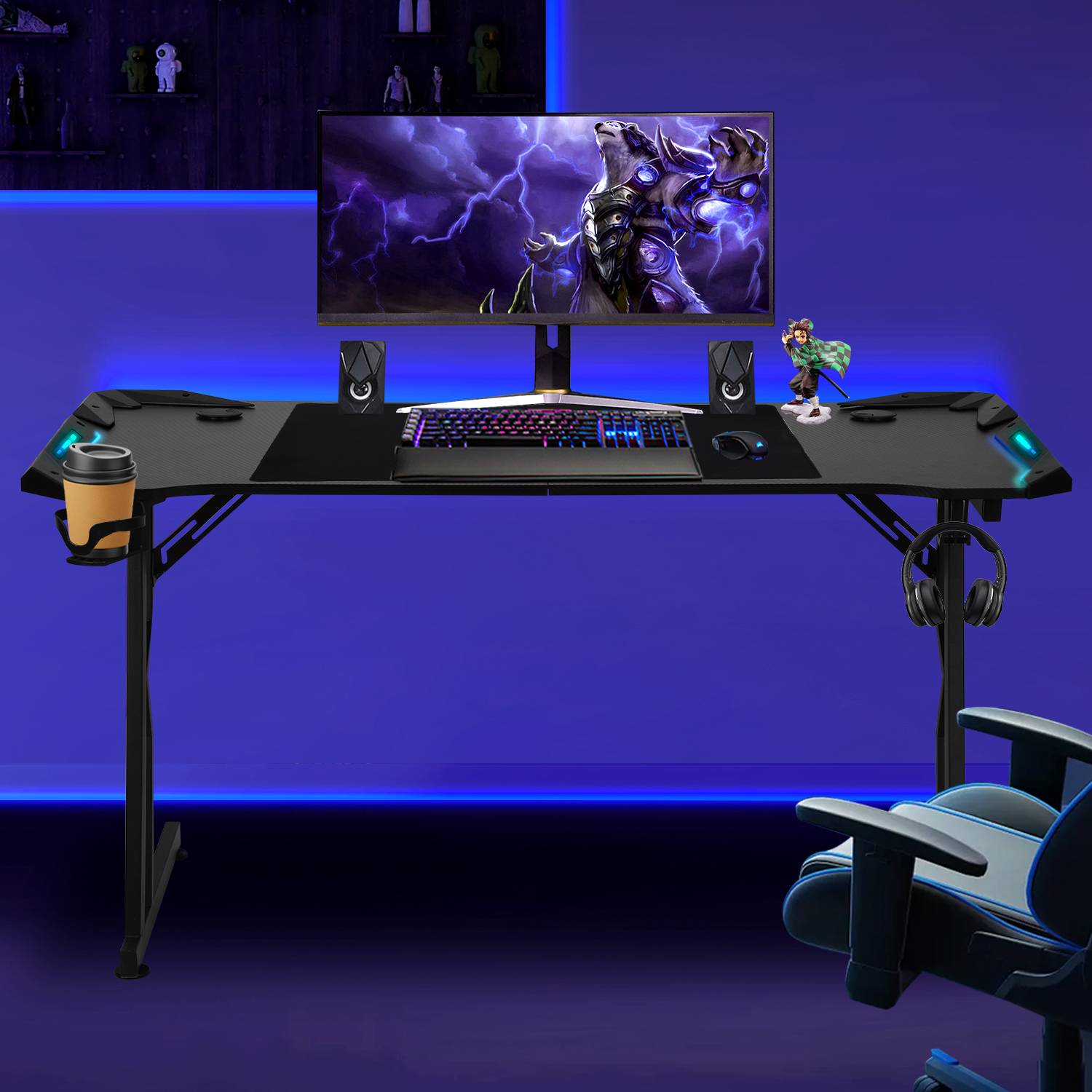 Gaming Schreibtisch Carbon Tischplatte 140x60cm, met Getränkehalter Kopfhörerhalter Mauspad, Computertisch Gamer Tisch (met LED und Fernbedienun)