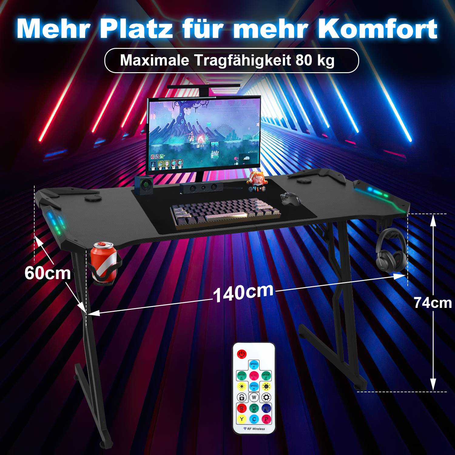 Gaming Schreibtisch Carbon Tischplatte 140x60cm, met Getränkehalter Kopfhörerhalter Mauspad, Computertisch Gamer Tisch (met LED und Fernbedienun)