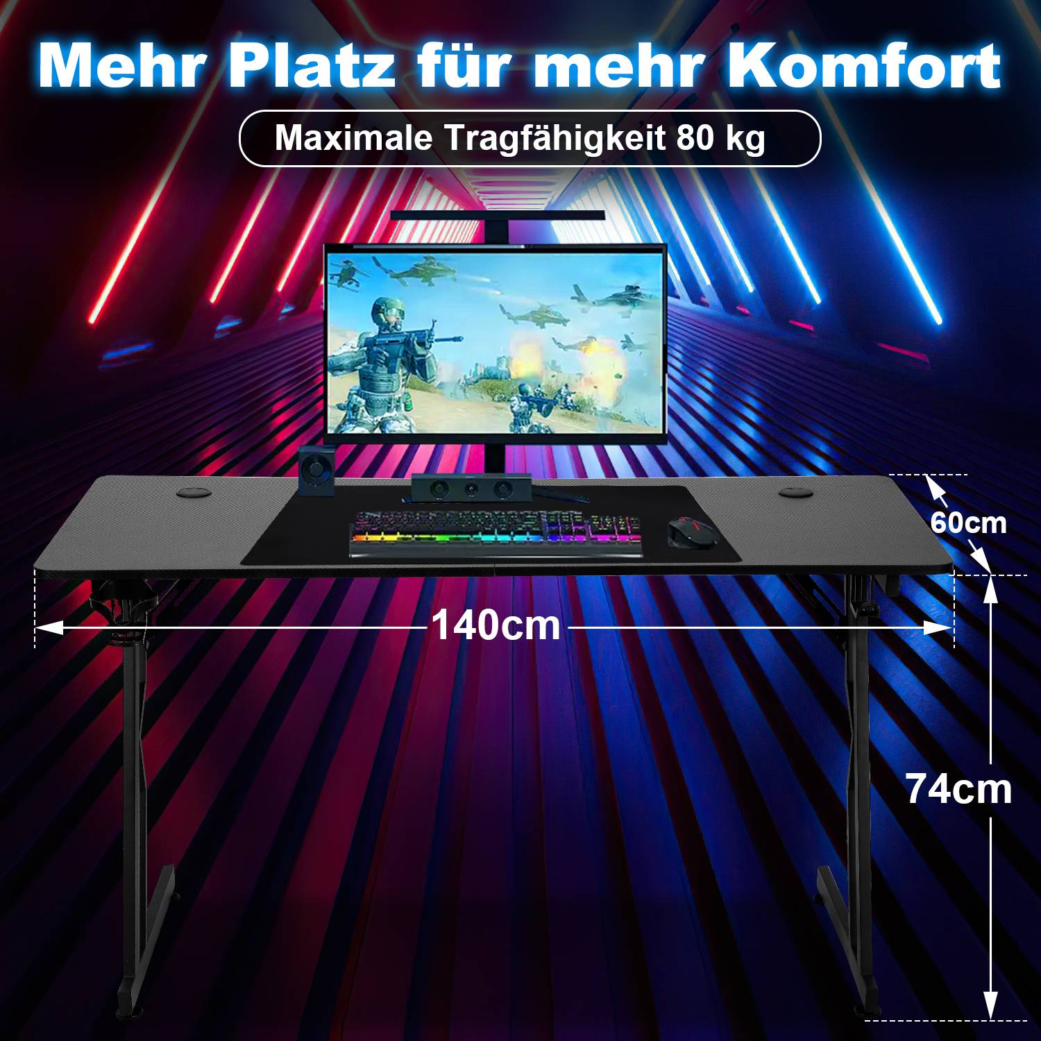 Gaming Schreibtisch Carbon Tischplatte 140x60cm, met Getränkehalter Kopfhörerhalter Mauspad, Computertisch Gamer Tisch (ohne LED)