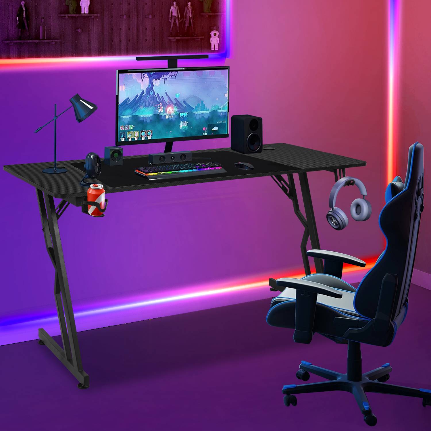Gaming Schreibtisch Z-Form 140x60cm Gaming Tisch ergonomischer, Carbon Tischplatte, Becherhalter, Kopfhörerhaken, Mauspad - ohne LED