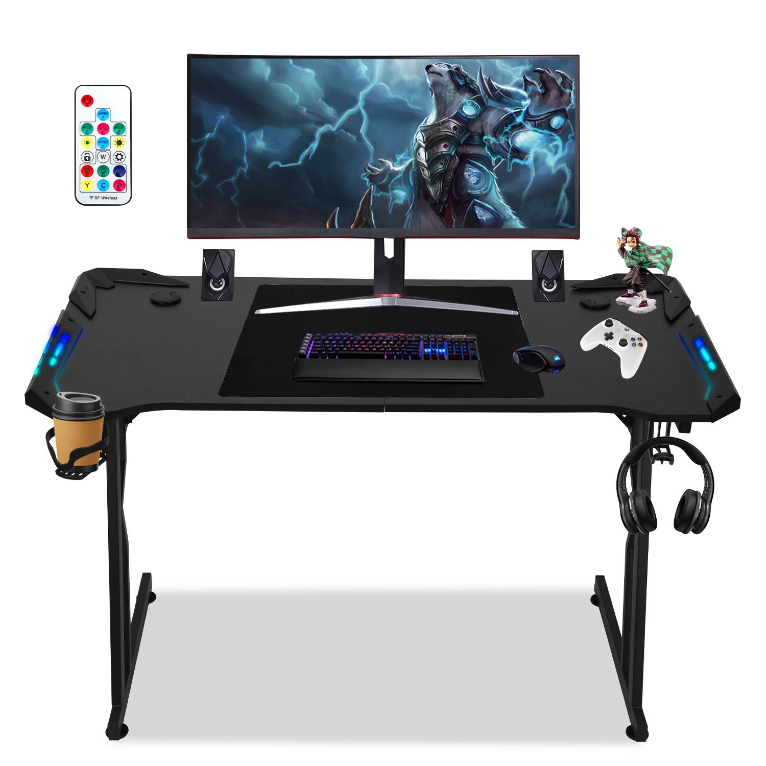 Gaming Schreibtisch Z-Form 120x60cm Gaming Tisch ergonomischer, Carbon Tischplatte, Becherhalter, Kopfhörerhaken, Mauspad - met LED+Fernbedienun