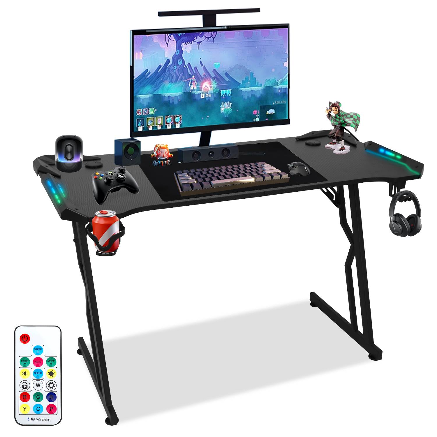 Gaming Schreibtisch Z-Form 140x60cm Gaming Tisch ergonomischer, Carbon Tischplatte, Becherhalter, Kopfhörerhaken, Mauspad - met LED+Fernbedienun