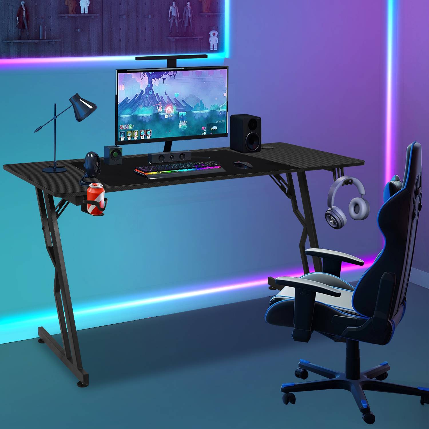 Gaming Schreibtisch mit Mauspad, Kopfhörerhaken und Getränkehalter, Carbon Tischplatte 120x60cm, Gaming Tisch ohne LED