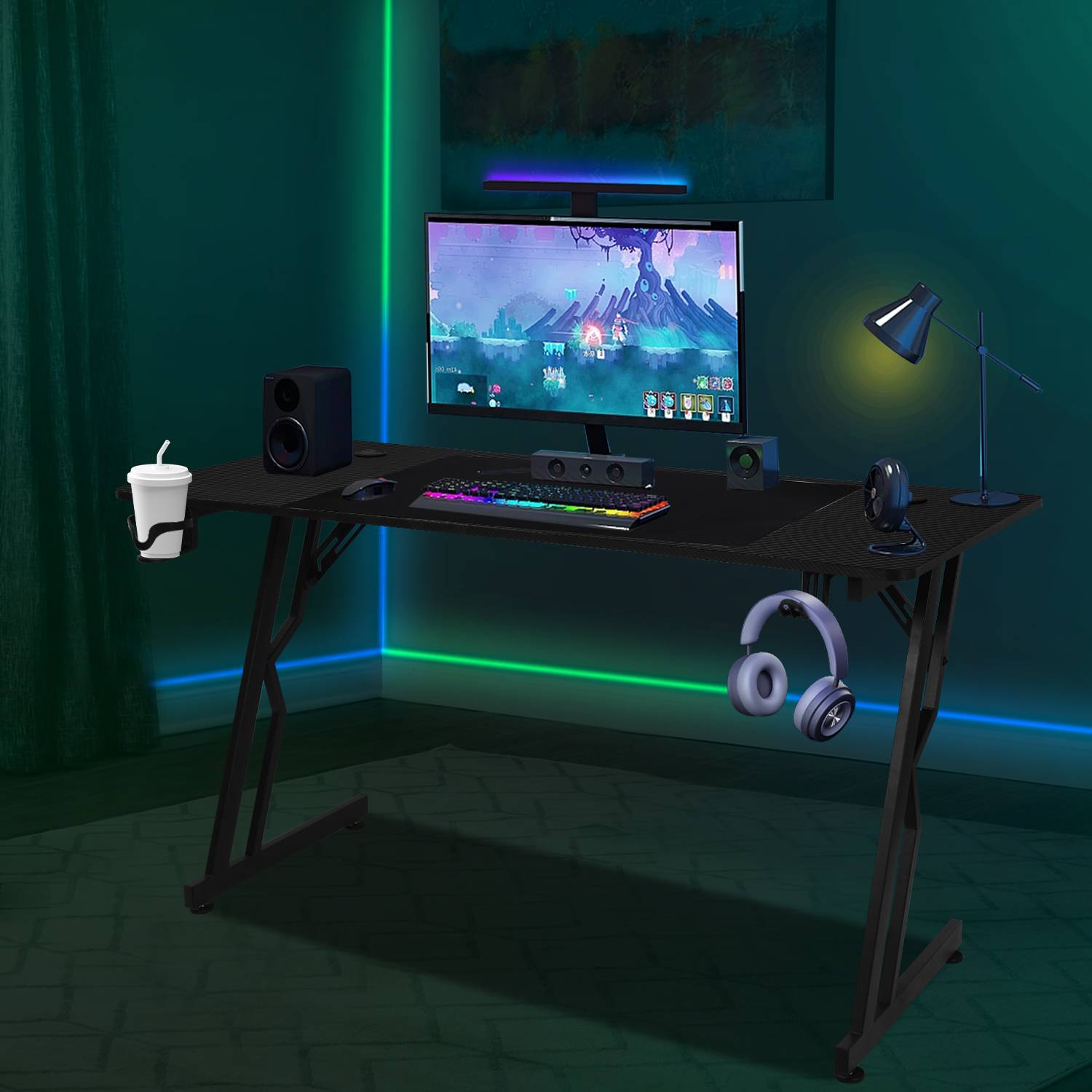 Z-förmiger Gaming Schreibtisch Computertisch Bürotisch Gamer Tisch met Getränkehalter Kopfhörerhalter Mauspad, ohne LED (140x60cm)