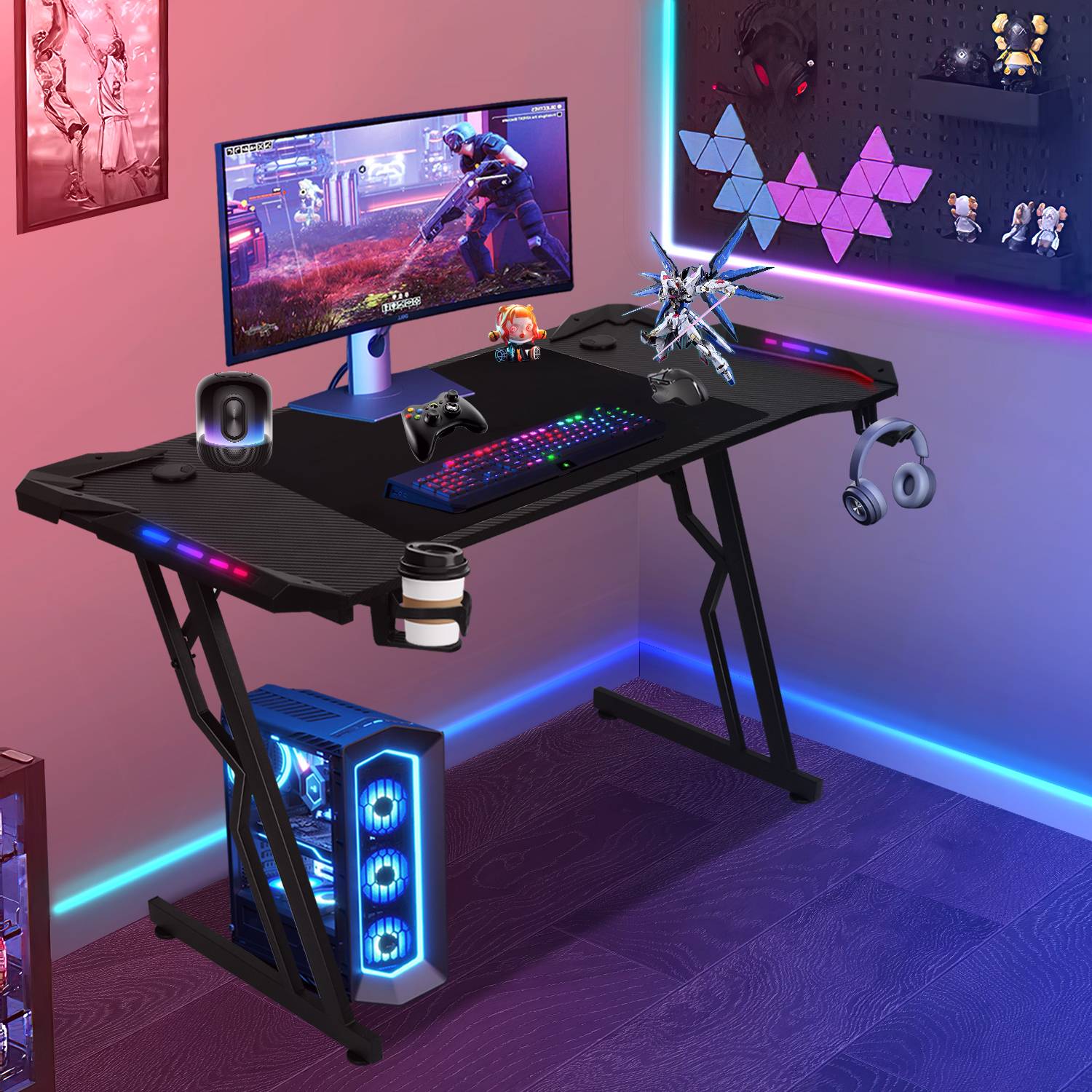 Z-förmiger Gaming Schreibtisch Computertisch Bürotisch Gamer Tisch met Getränkehalter Kopfhörerhalter Mauspad LED und Fernbedienun (120x60cm)