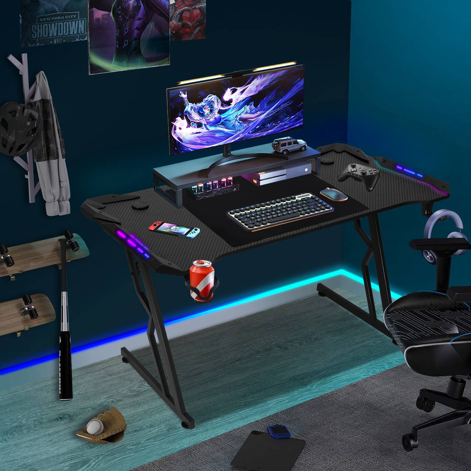 Z-förmiger Gaming Schreibtisch Computertisch Bürotisch Gamer Tisch met Getränkehalter Kopfhörerhalter Mauspad LED und Fernbedienun (140x60cm)