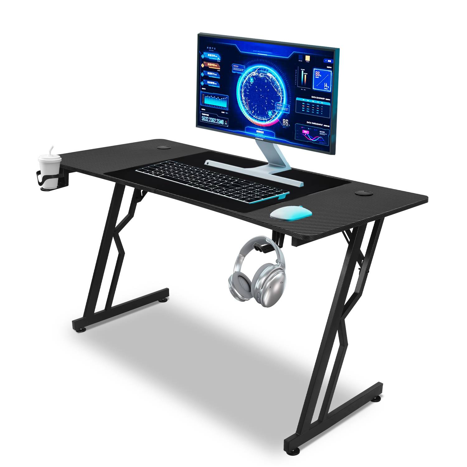 Gaming Schreibtisch Carbon Tischplatte 120x60cm, met Getränkehalter Kopfhörerhalter Mauspad, Computertisch Gamer Tisch (ohne LED)
