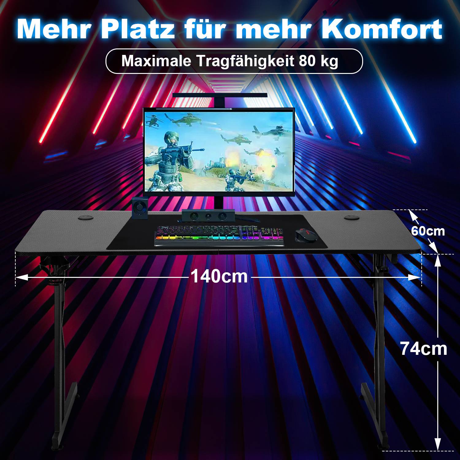 Spieltisch-Werbeanzeige mit schwarzem Schreibtisch, Monitor und Zubehör; Text besagt „Mehr Platz für mehr Komfort" und „Maximale Tragfähigkeit 80 kg"", mit Abmessungen 140 cm breit, 60 cm tief, 74 cm hoch.
