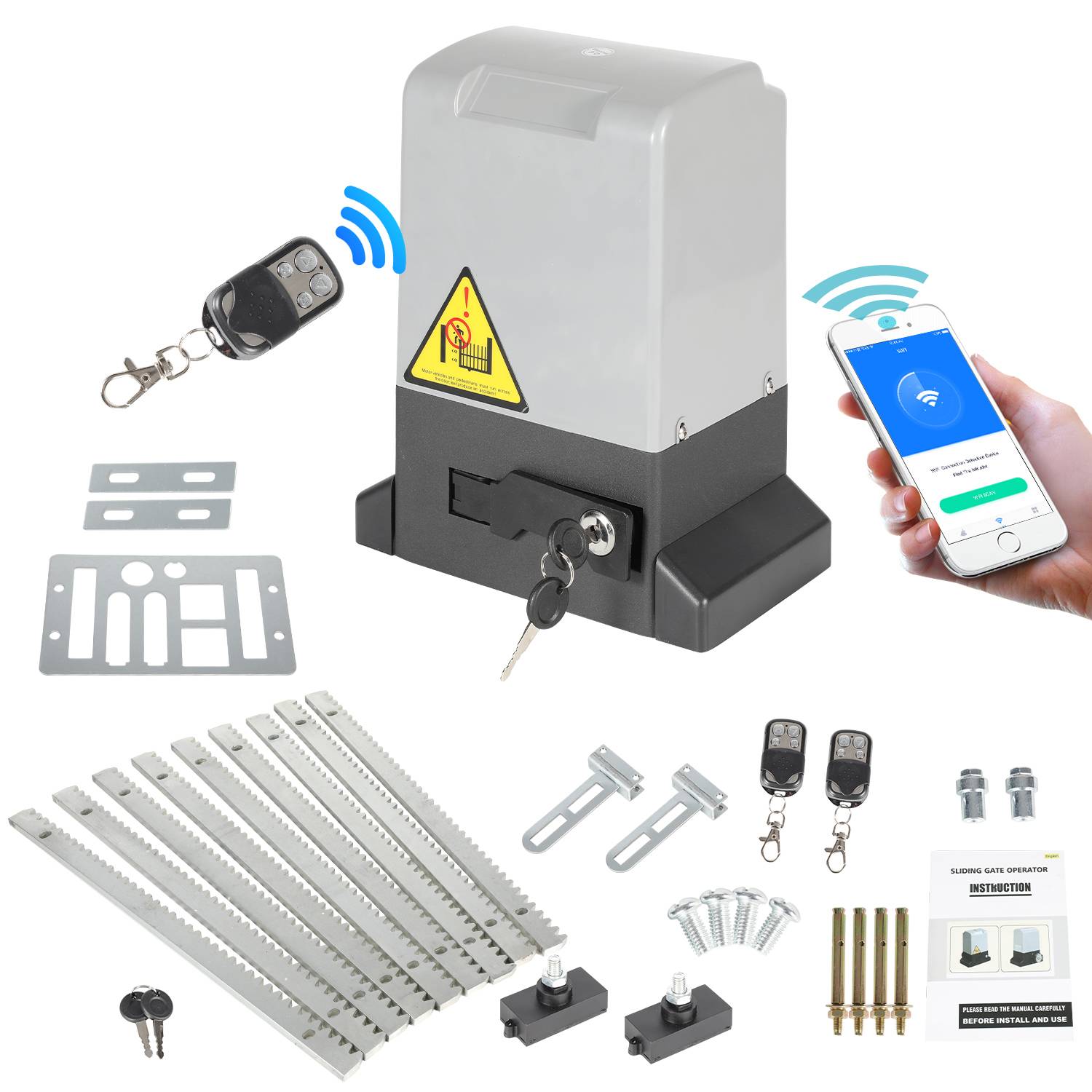 Schiebetorantrieb Toröffner 370W Motor Set bis 800kg Torantrieb Automatischer Mit WiFi Bluetooth APP und Fernbedienung + Schlüssel