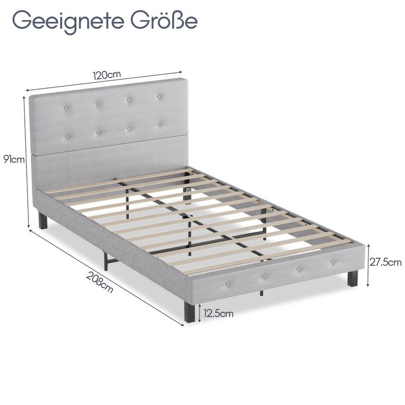 Bettgestell hohes Kopfteil robustes Bettgestell Maximale Tragfähigkeit 350 kg für Schlafzimmerbett Stoff in grau 120*200CM