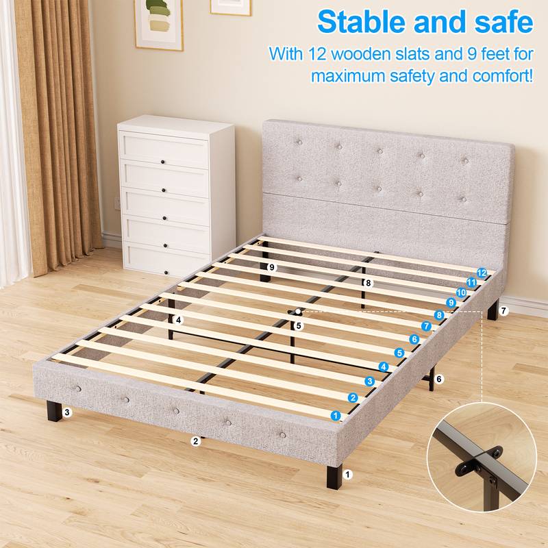 Bettgestell hohes Kopfteil robustes Bettgestell Maximale 140x200CM Tragfähigkeit 350 kg für Schlafzimmerbett Stoff in grau