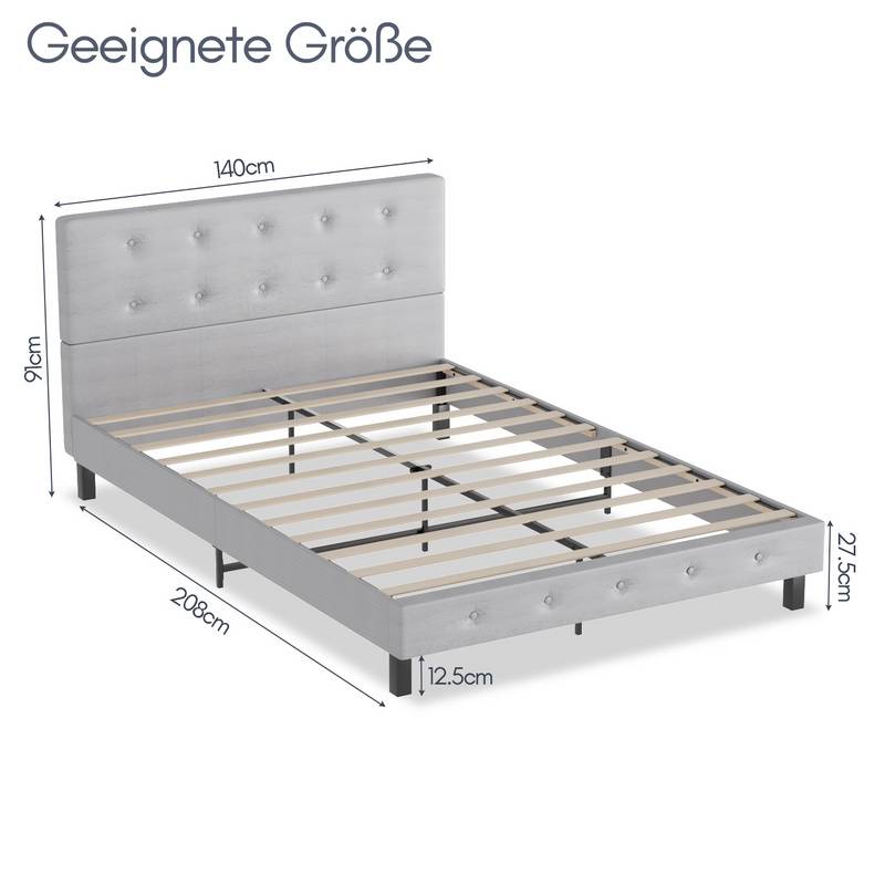 Bettgestell hohes Kopfteil robustes Bettgestell Maximale Tragfähigkeit 350 kg für Schlafzimmerbett Stoff in grau 140*200CM