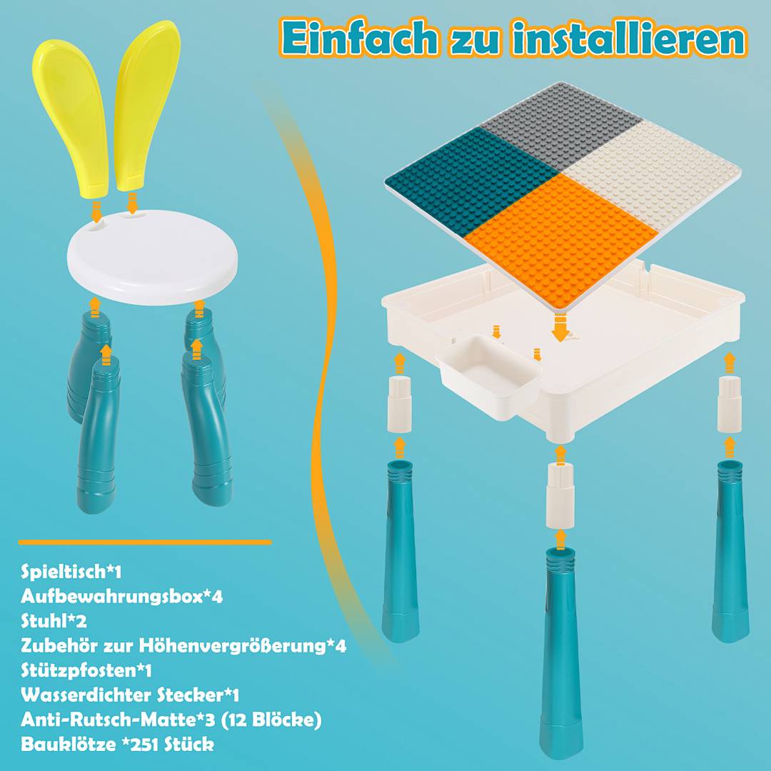 Kindersitzgruppe Mit 2 Stühle ,251 Stück Bausteine Kindertisch Kindermöbel set Kleinkind Spieltisch Mehrzweck Tabelle Zum