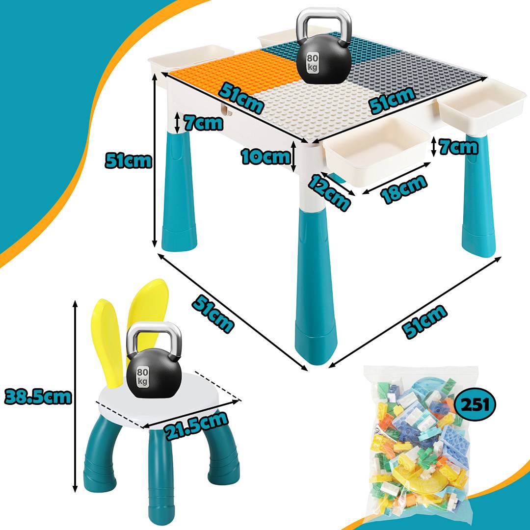 Kindersitzgruppe Mit 2 Stühle ,251 Stück Bausteine Kindertisch Kindermöbel set Kleinkind Spieltisch Mehrzweck Tabelle Zum