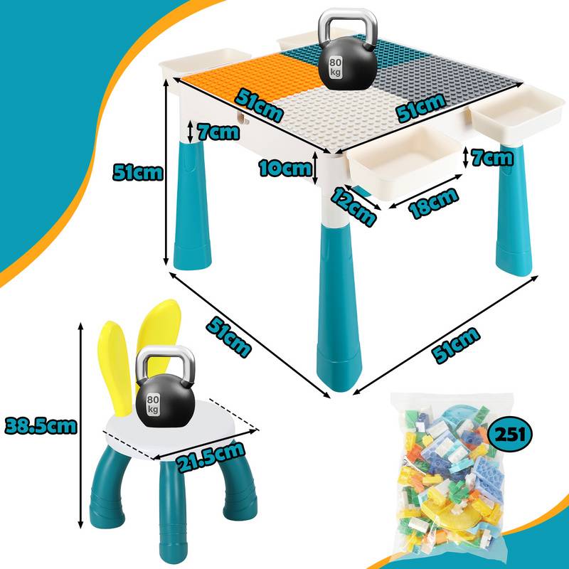 Kindersitzgruppe Mit 2 Stühle ,251 Stück Bausteine Kindertisch Kindermöbel set Kleinkind Spieltisch Mehrzweck Tabelle Zum