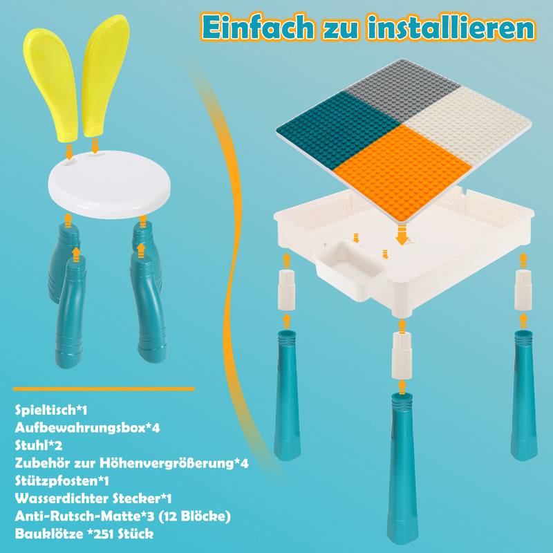 Kindersitzgruppe Mit 2 Stühle ,251 Stück Bausteine Kindertisch Kindermöbel set Kleinkind Spieltisch Mehrzweck Tabelle Zum