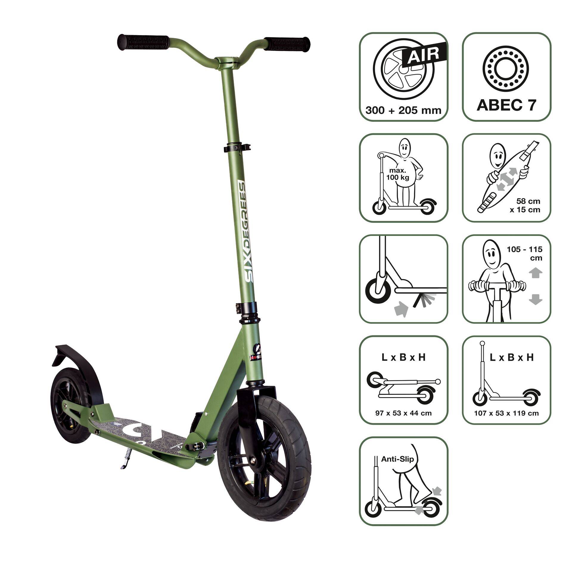 SIX DEGREES Aluminium Scooter All Terrain 300/205 mm olivgrün