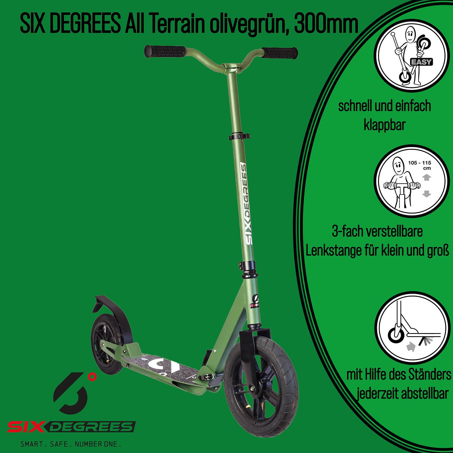 SIX DEGREES Aluminium Scooter All Terrain 300/205 mm olivgrün