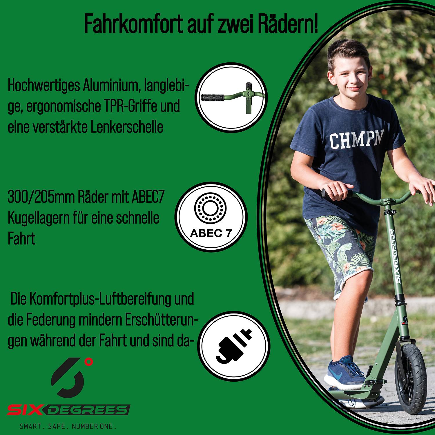 SIX DEGREES Aluminium Scooter All Terrain 300/205 mm olivgrün