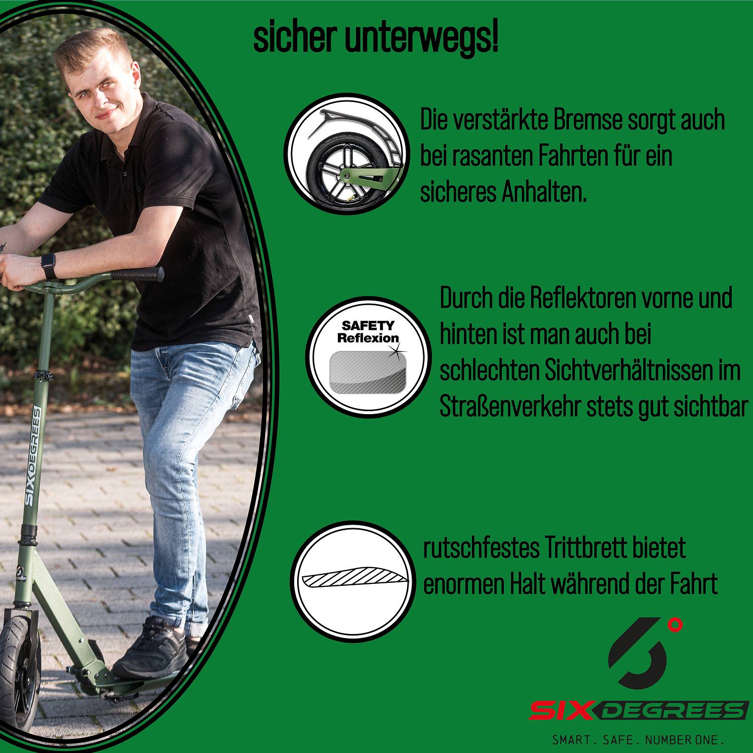 SIX DEGREES Aluminium Scooter All Terrain 300/205 mm olivgrün