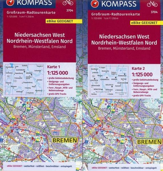 KOMPASS Großraum-Radtourenkarte 3704 Niedersachsen West, Nordrhein-Westfalen Nord 1:125.000