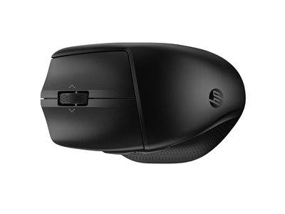 Eine schwarze kabellose HP-Computermaus mit elegantem Design, ausgestattet mit einem Scroll-Rad und strukturiertem Griff an den Seiten.