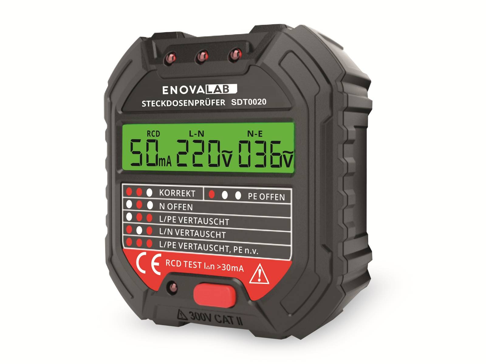ENOVALAB Steckdosentester, SDT0020, mit RCD-Test und Display