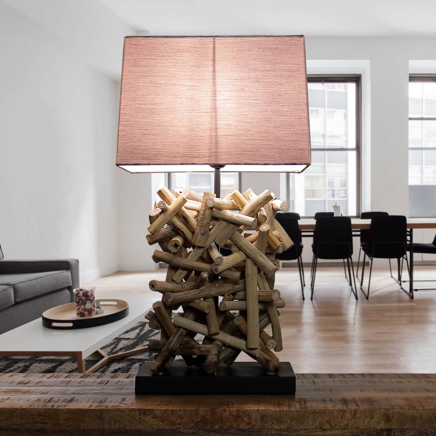 Licht-Erlebnisse LE49556 Tischleuchte Lat Sawai E27 aus Treibholz Stoff in Holz (Natur) Grau Tischlampe