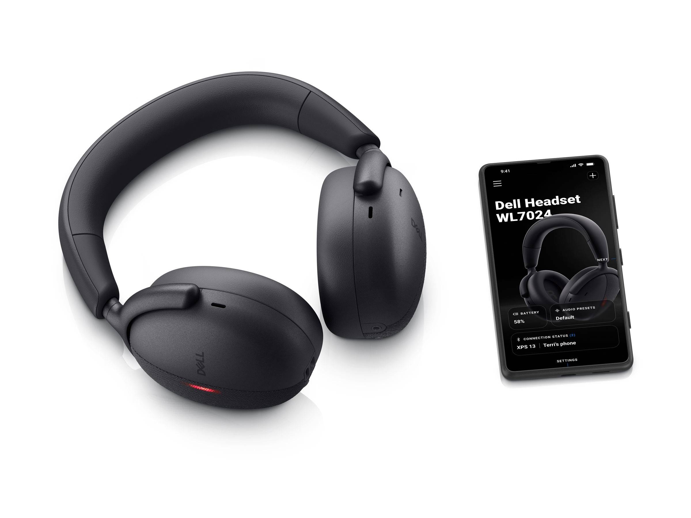 Schwarze Over-Ear-Kopfhörer neben einem Smartphone, das die Produktseite mit dem Titel „Dell Headset WL7024