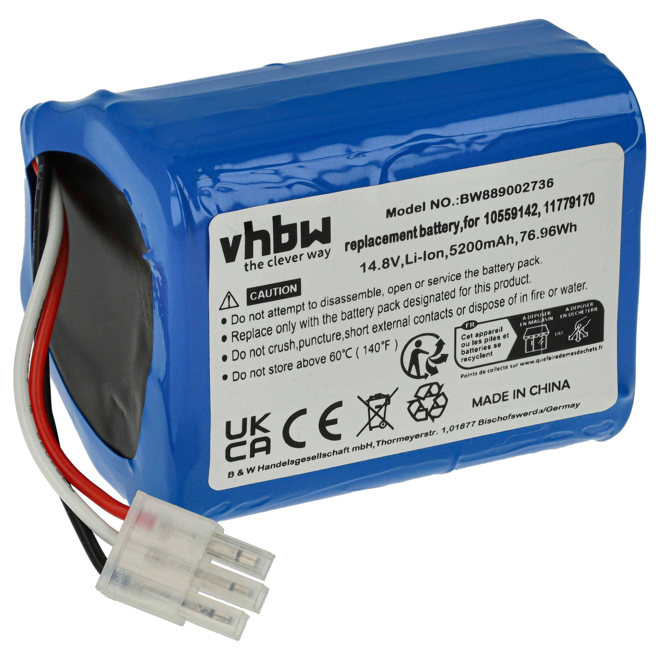 „vhbw Ersatzbatterie, Modellnummer: iBW889002736, 14,8V, Li-Ion, 5200mAh, 76,96Wh. Warnung: Nicht verändern oder ins Feuer werfen.