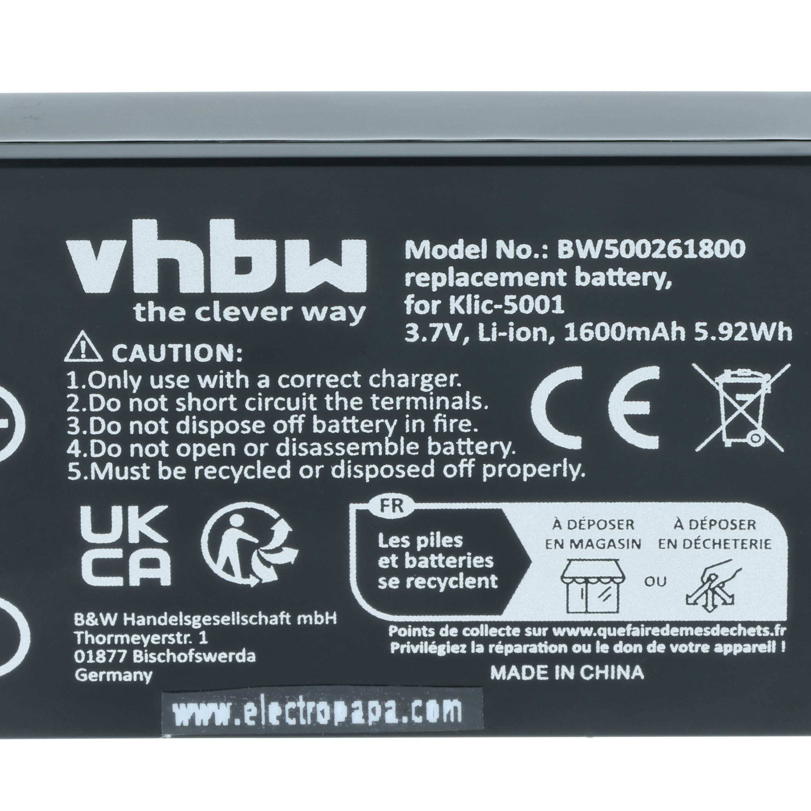 Batterie-Etikett mit Marke 'vhbw', Modell 'BW500261800', 3,7V, 1600mAh. Anweisungen: Nicht öffnen, nicht Feuer aussetzen oder unsachgemäß entsorgen. Hergestellt in China.
