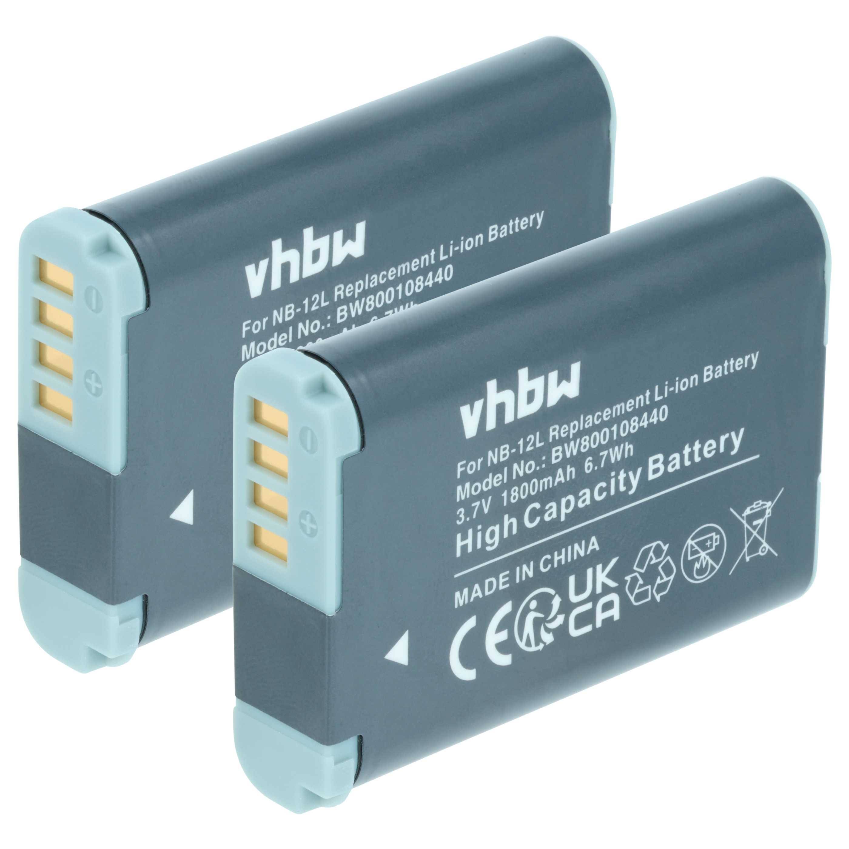 Zwei vhbw NB-12L Lithium-Ionen-Batterien für Kameras, mit Spannungsanzeige, Kapazitätssymbol, Recycling-Symbolen und dem Text 