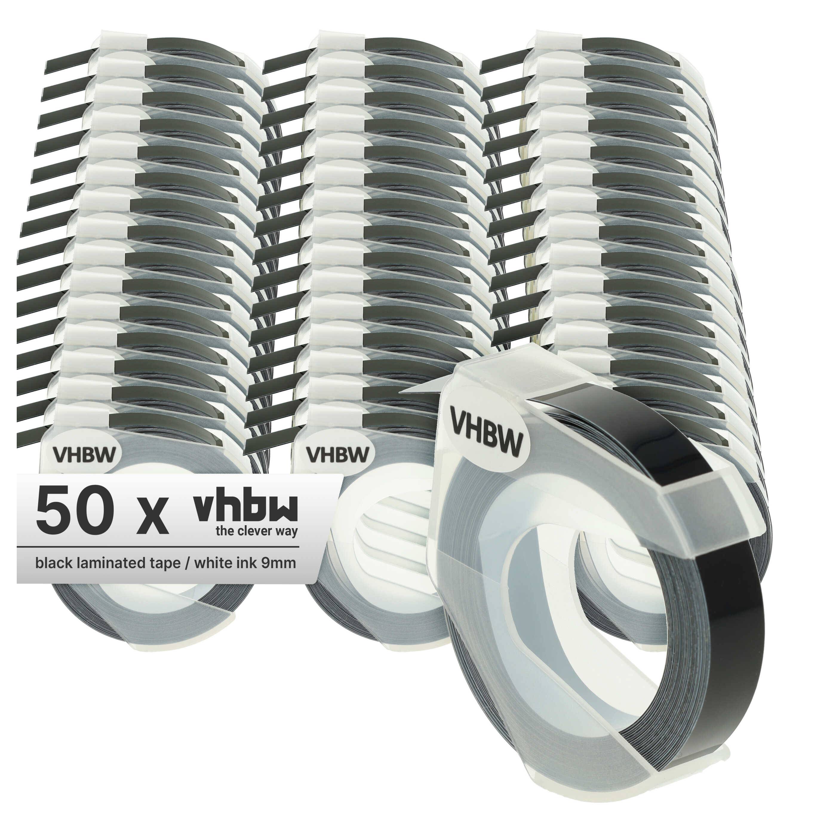 vhbw 50x 3D Prägeband-Schriftband-Kassette kompatibel mit Dymo Label Buddy 20008, Mini, Maxi 1755 Etiketten-Drucker 3m x 9mm Weiß auf Schwarz