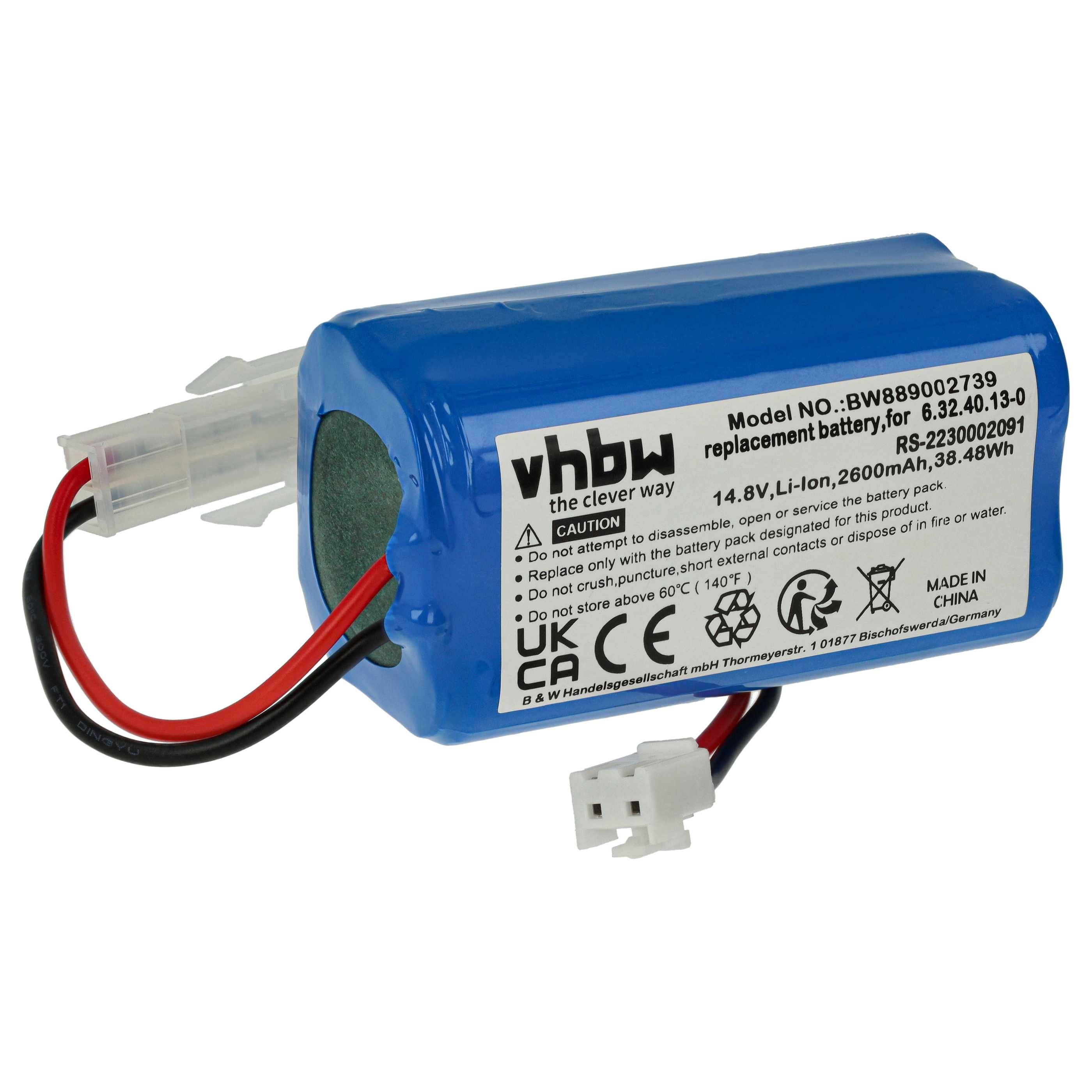 Blaues rechteckiges Batterieset mit Drähten, beschriftet mit 'vhbw, 14,8V Li-Ion, 2600mAh, 38,48Wh.' Enthält Sicherheitssymbole und Spezifikationen.