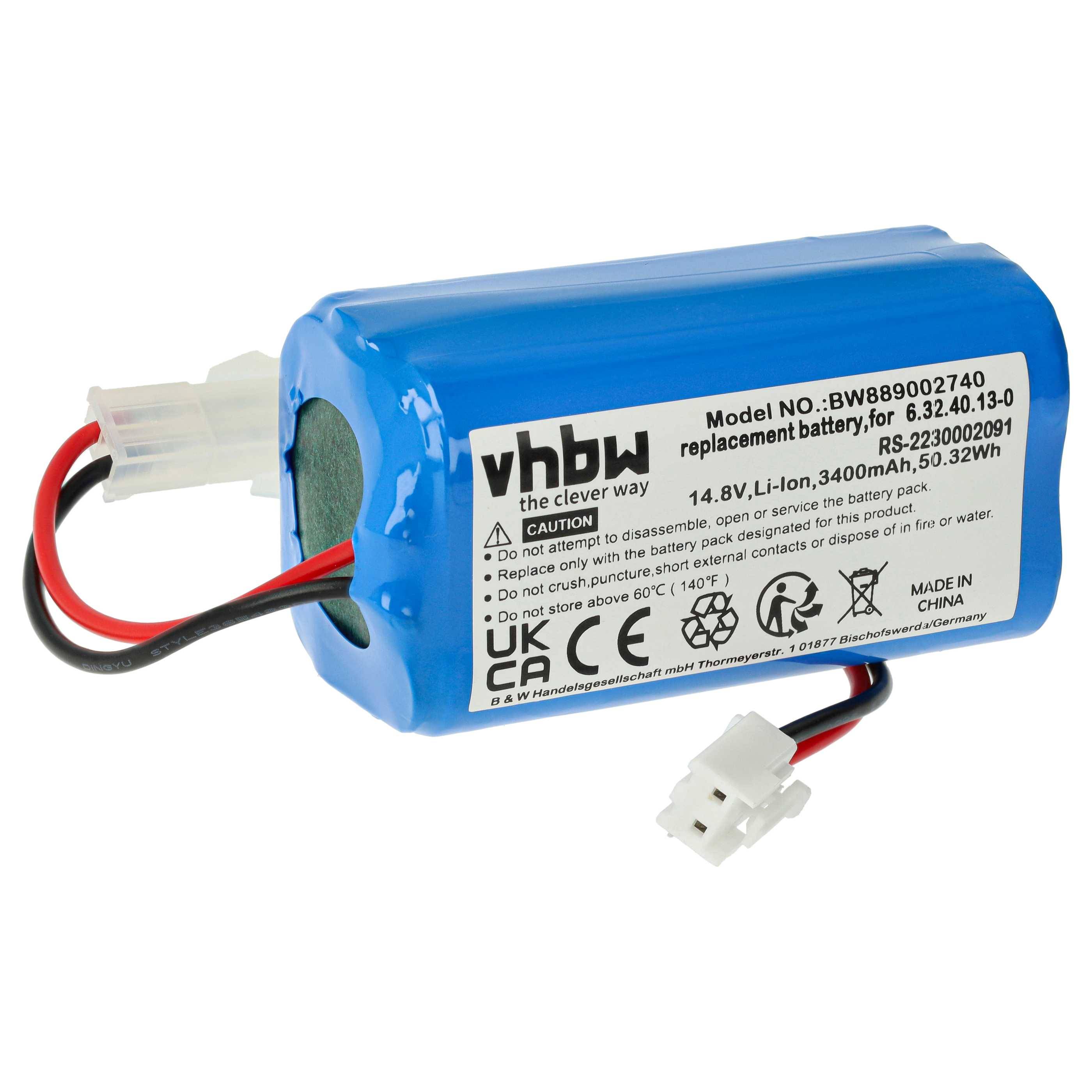 Blauer Ersatzakku für vhbw Geräte, 14,8V, 3400mAh, 50,32Wh, mit weißen Anschlüssen und Warnhinweis zur ordnungsgemäßen Verwendung.