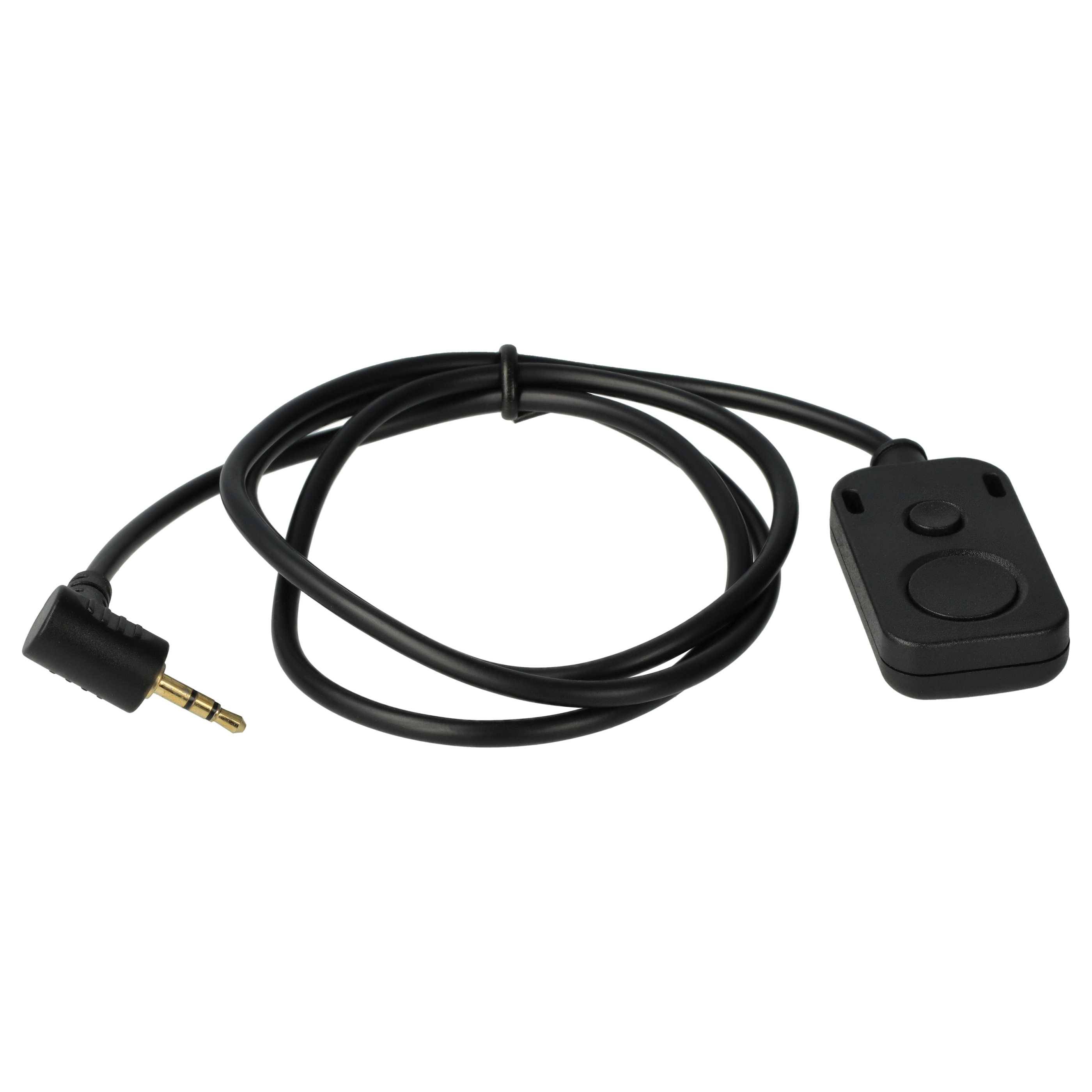 Eine schwarze kabelgebundene Fernbedienung mit 3,5-mm-Klinkenbuchse mit zwei Tasten, die für Audio- oder Kamerageräte verwendet wird.