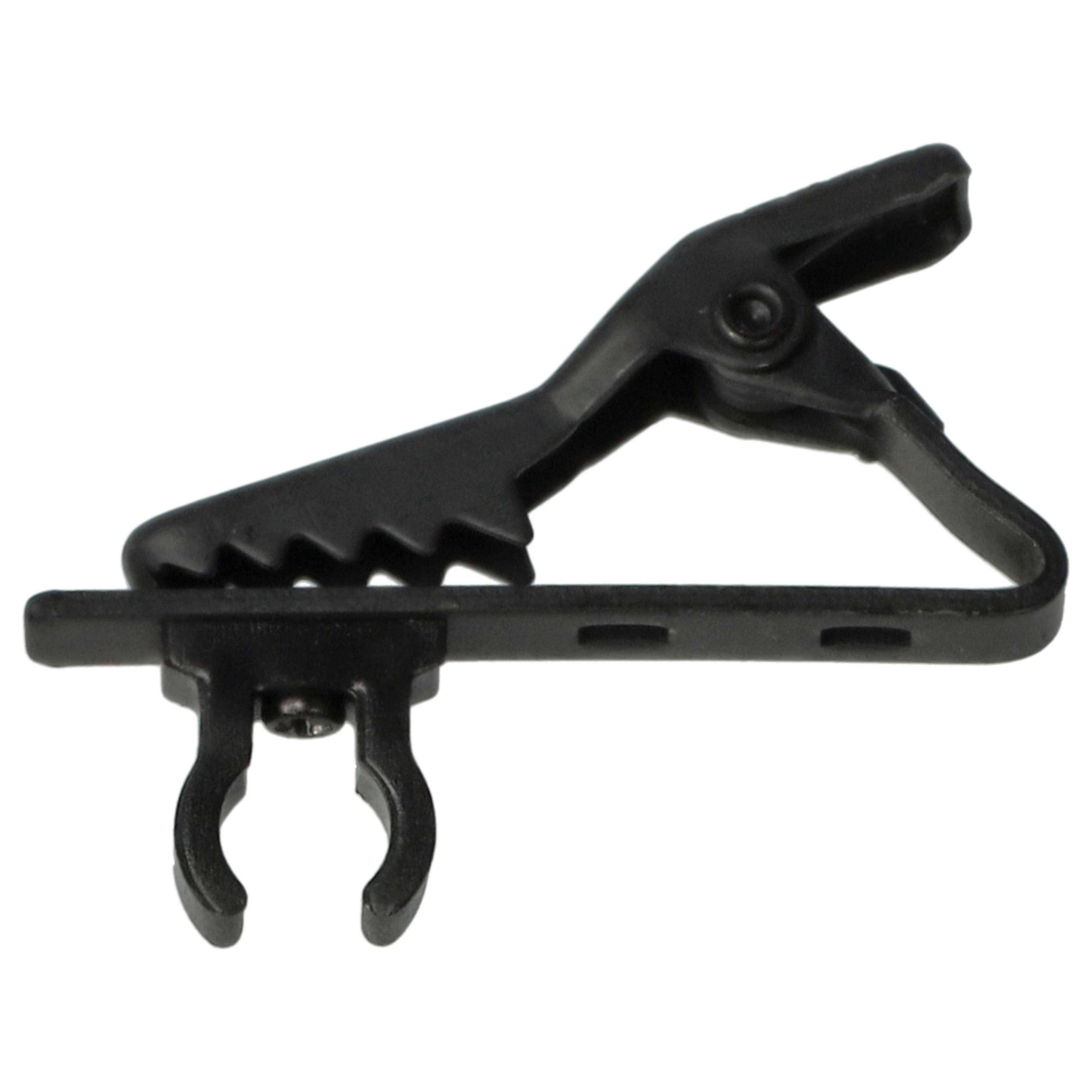 Ein schwarzer Kunststoffclip mit Greifmechanismus, mit gerilltem Griff und einer Halterung an der Basis, verwendet zum Sichern von kleinen Gegenständen.