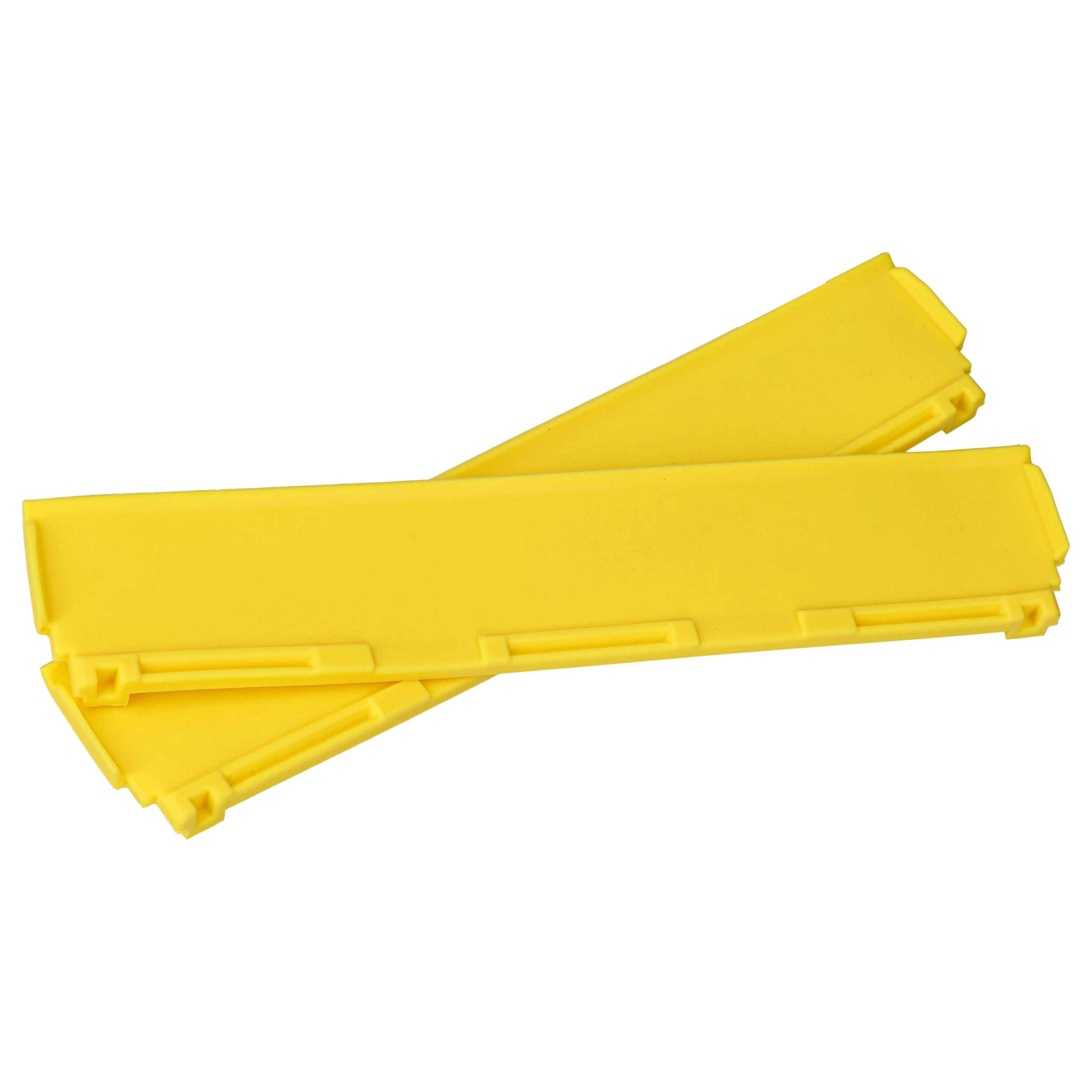 Zwei gelbe Kunststoffstreifen auf weißem Hintergrund mit Rippen und Schlitzen an den Seiten.