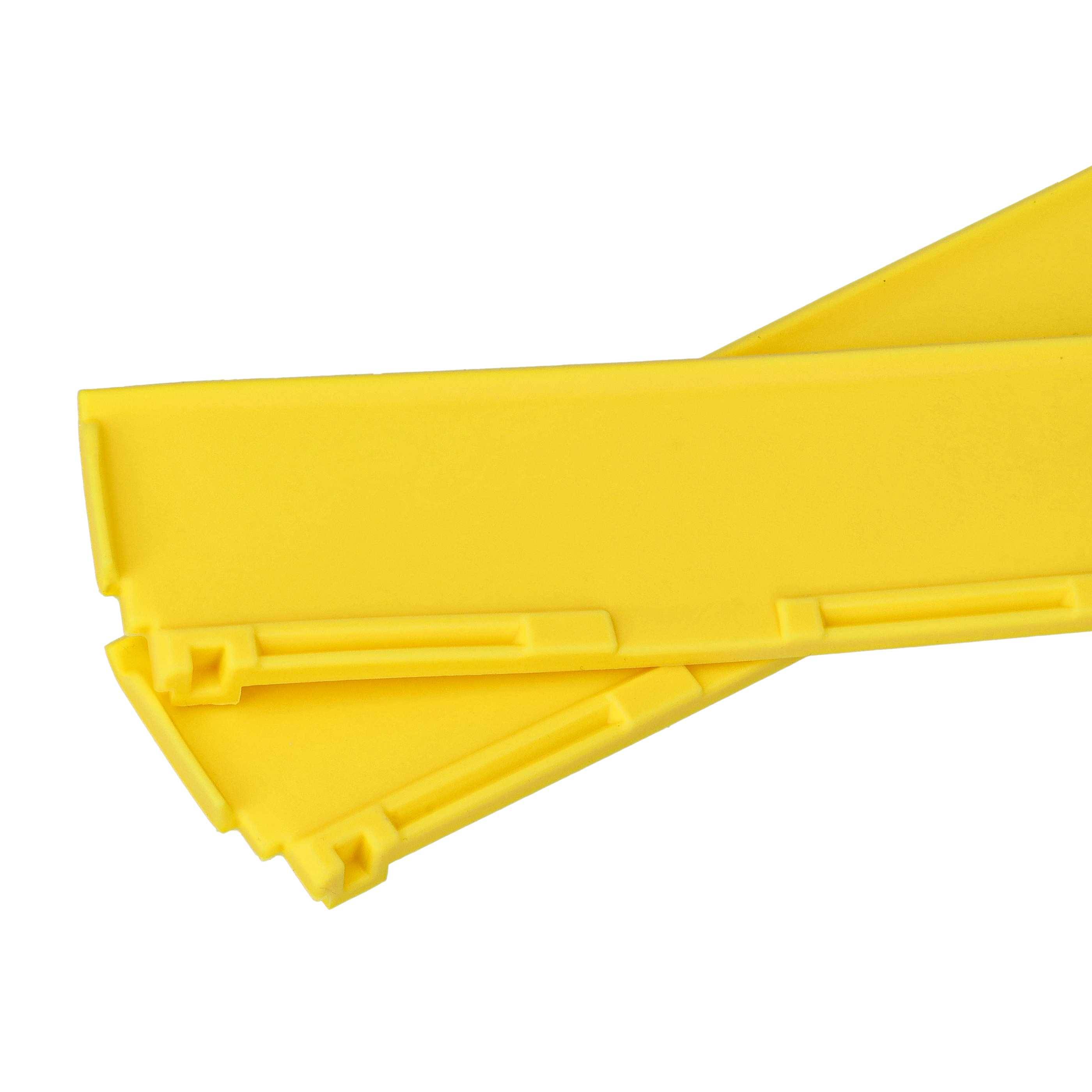 Zwei sich überlappende gelbe Kunststoff-Schaberklingen, die diagonal auf weißem Untergrund angeordnet sind.