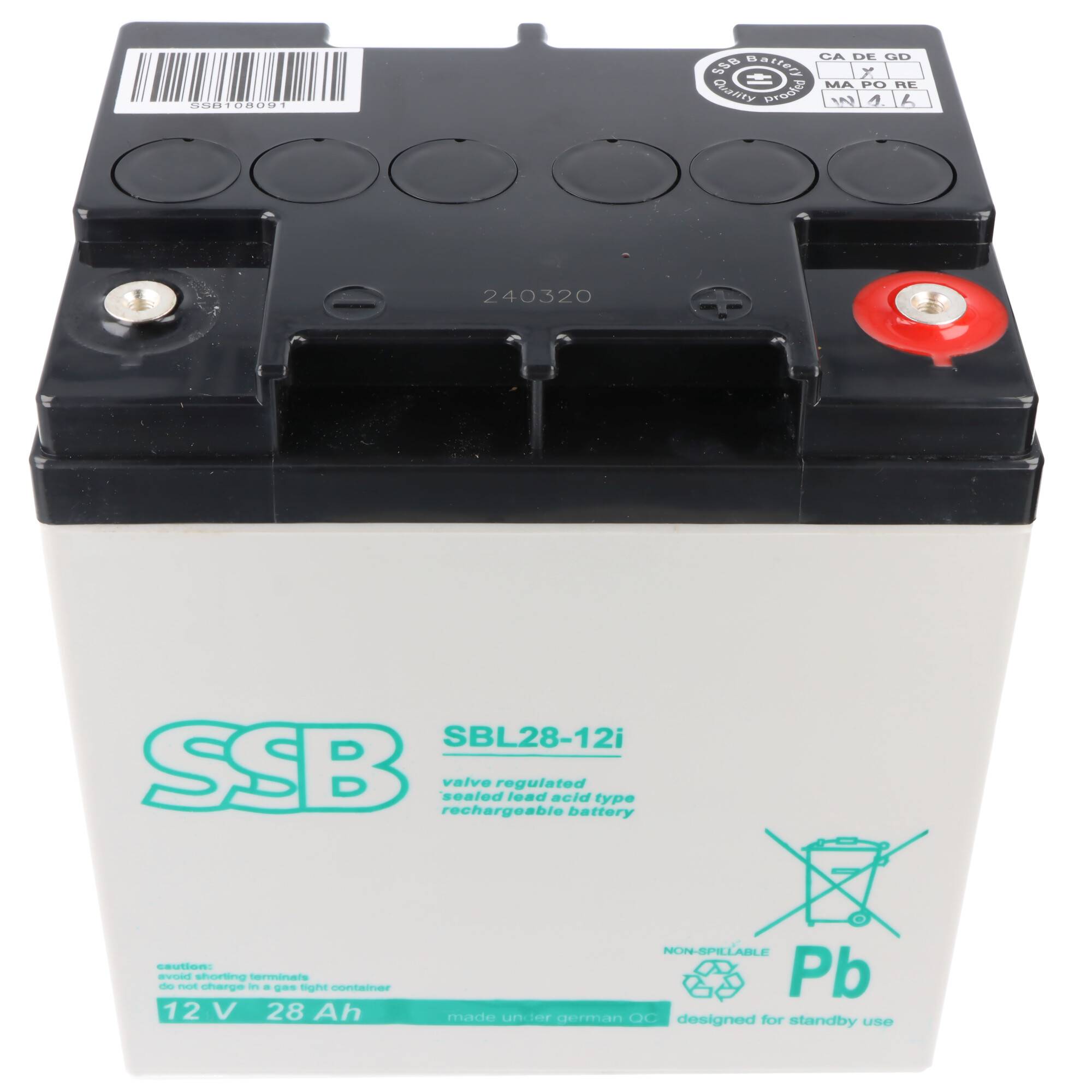 SSB SBL28-12i Akku 12 Volt 28 Ah 165 x 125 x 175 mm mit M5 Schraubanschluss, passend für z.B. USV, Telekommunikation und