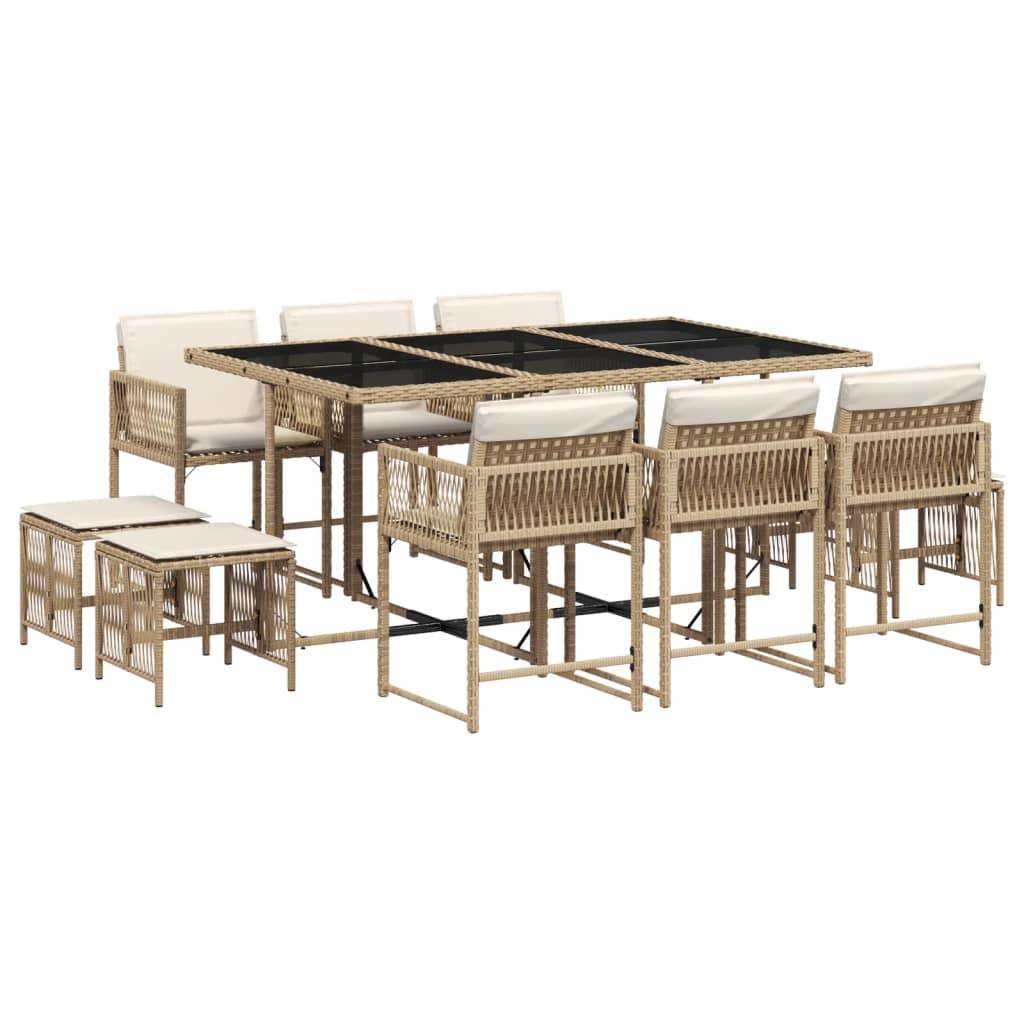 vidaXL 11-tlg. Garten-Essgruppe mit Kissen Beige Poly Rattan