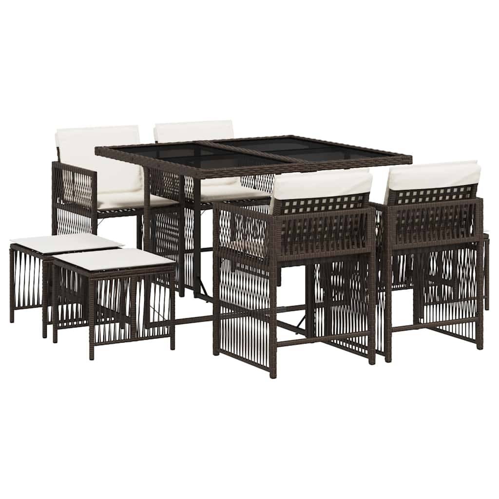 vidaXL 9-tlg. Garten-Essgruppe mit Kissen Braun Poly Rattan