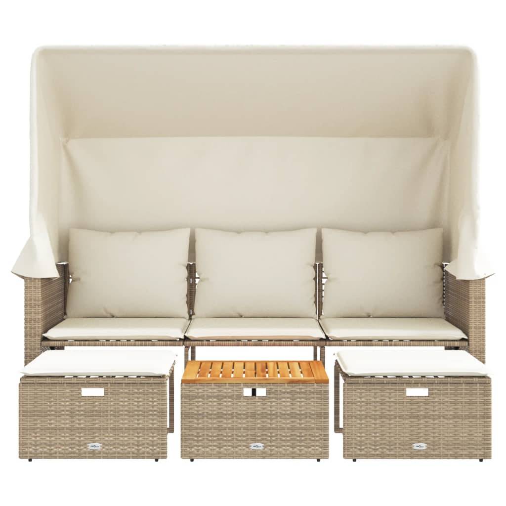 vidaXL Outdoor-Sofa 3-Sitzer mit Dach und Hockern Beige Poly Rattan