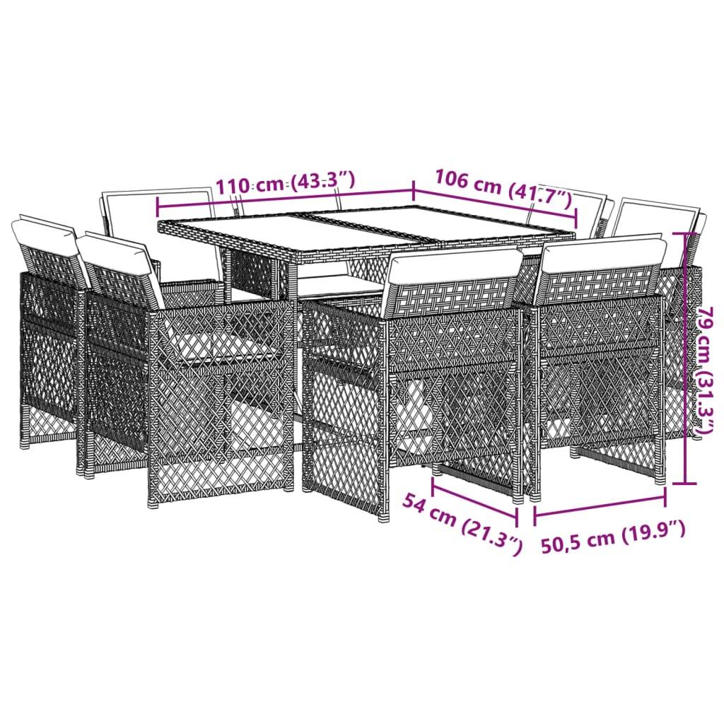 vidaXL 9-tlg. Garten-Essgruppe mit Kissen Braun Poly Rattan