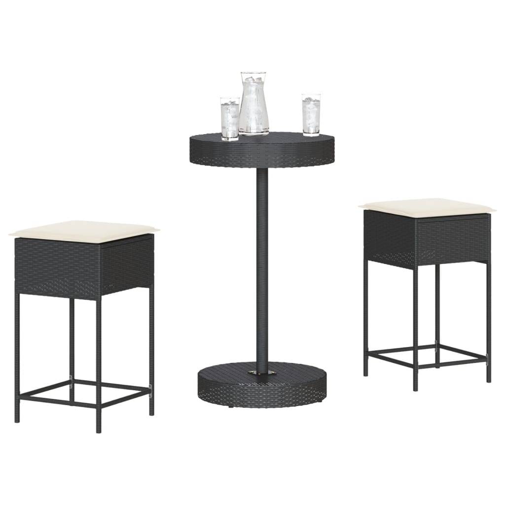 vidaXL 3-tlg. Gartenbar-Set mit Kissen Schwarz Poly Rattan