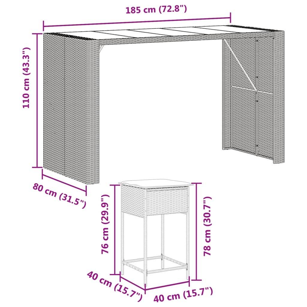 vidaXL 9-tlg. Gartenbar-Set mit Kissen Braun Poly Rattan