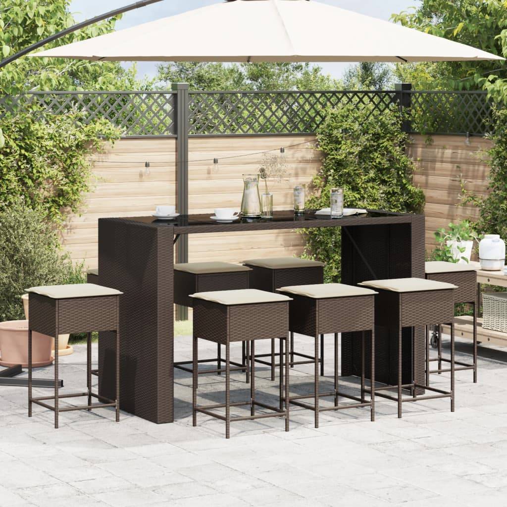 vidaXL 9-tlg. Gartenbar-Set mit Kissen Braun Poly Rattan