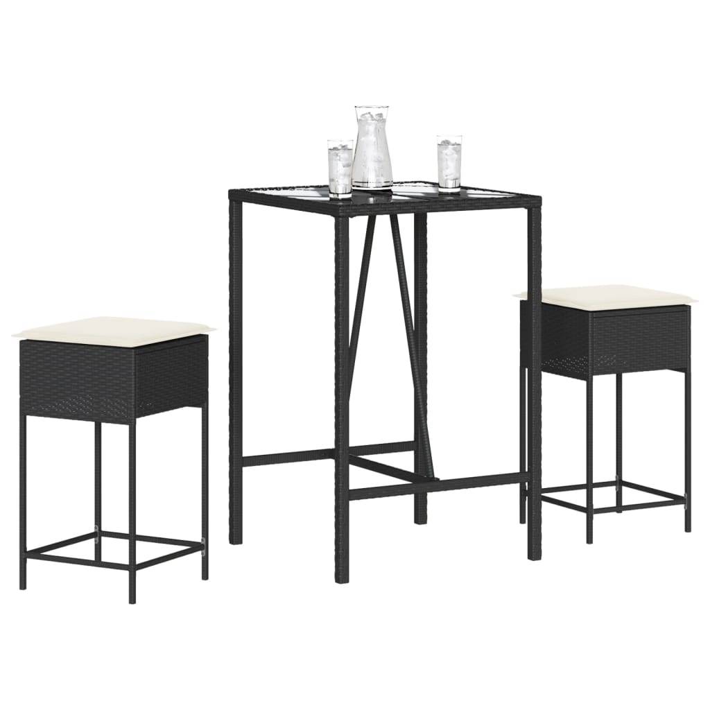 vidaXL 3-tlg. Gartenbar-Set mit Kissen Schwarz Poly Rattan