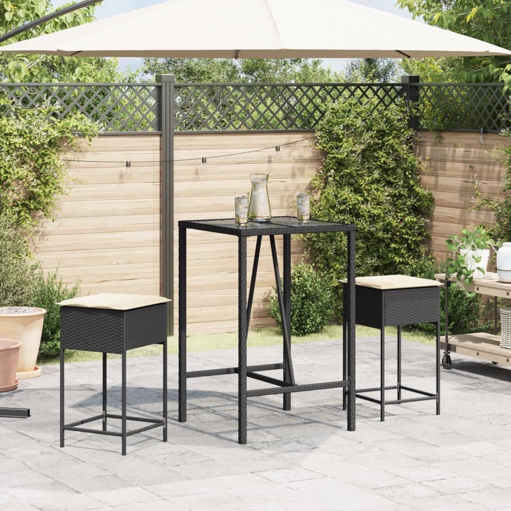 vidaXL 3-tlg. Gartenbar-Set mit Kissen Schwarz Poly Rattan